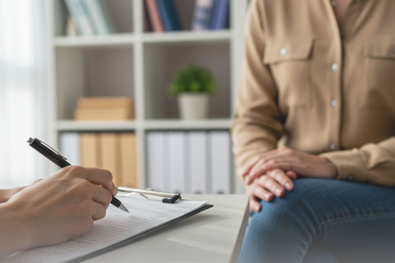 Женщина сидит на приеме у врача